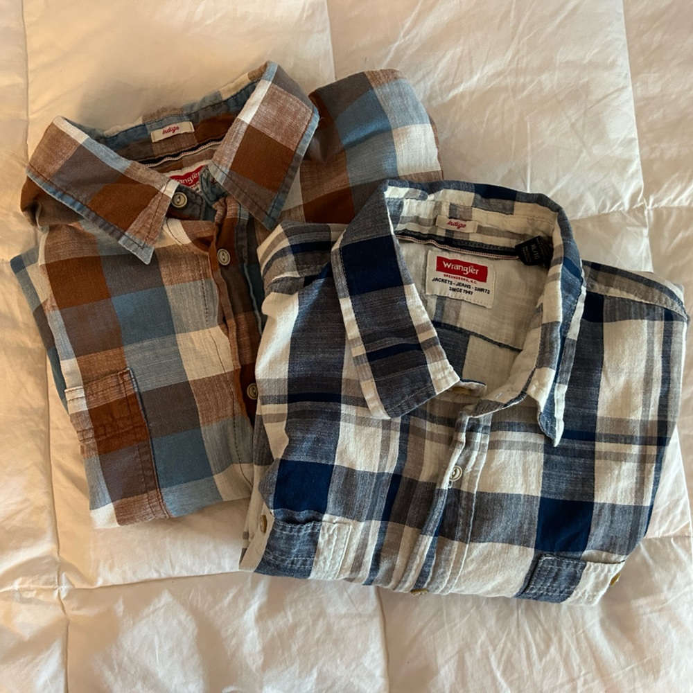 Two Wrangler Plaid Button Up Long Sleeve Shirt Size XL
